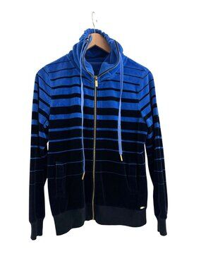 Calvin Klein Velvet Velour Striped Blue High Neck Vintage Jacket Full Zip Size M